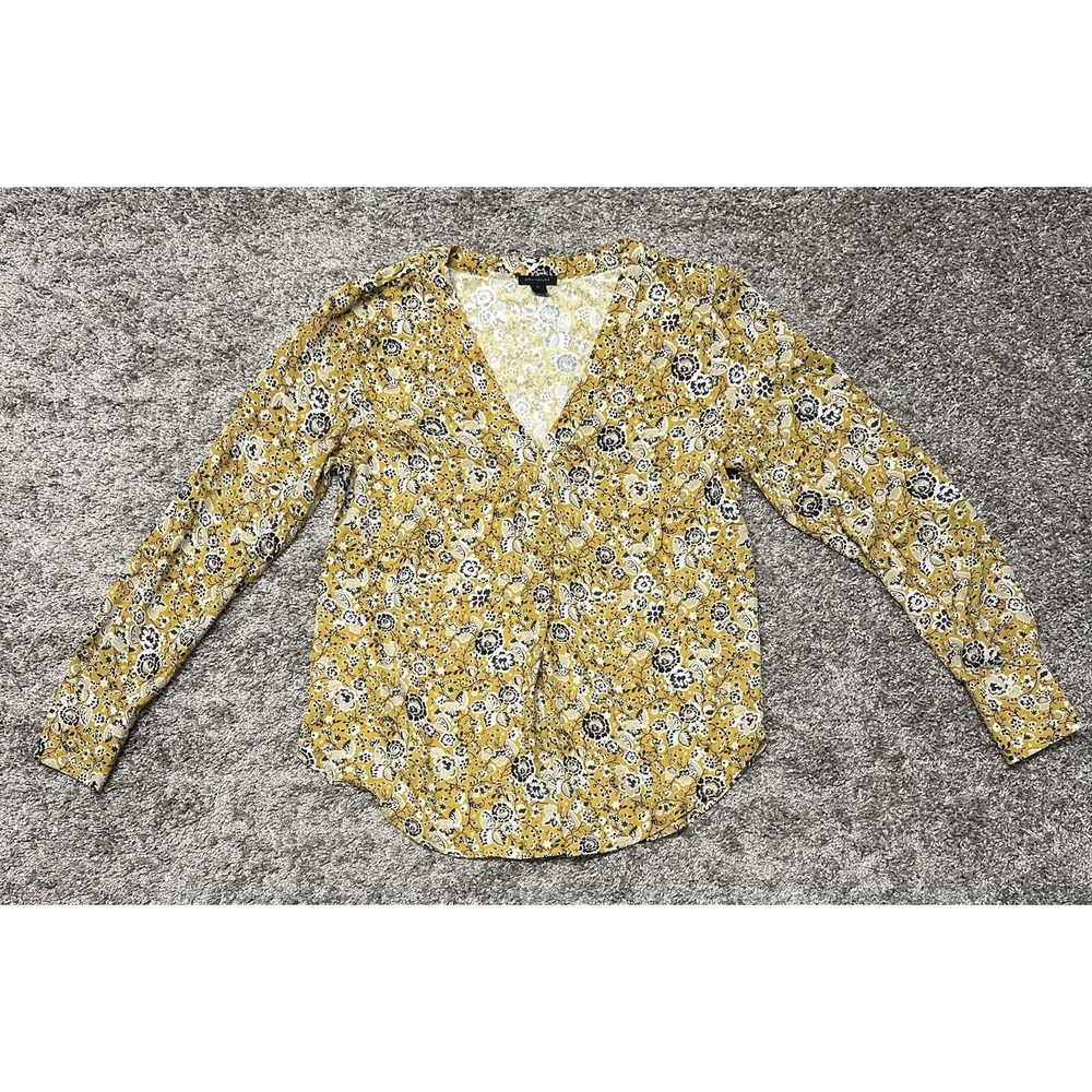 Ann Taylor X-Small Blouse Yellow Floral Long Sleeve V-Neck Boho Chic Cottage - Picture 1 of 9